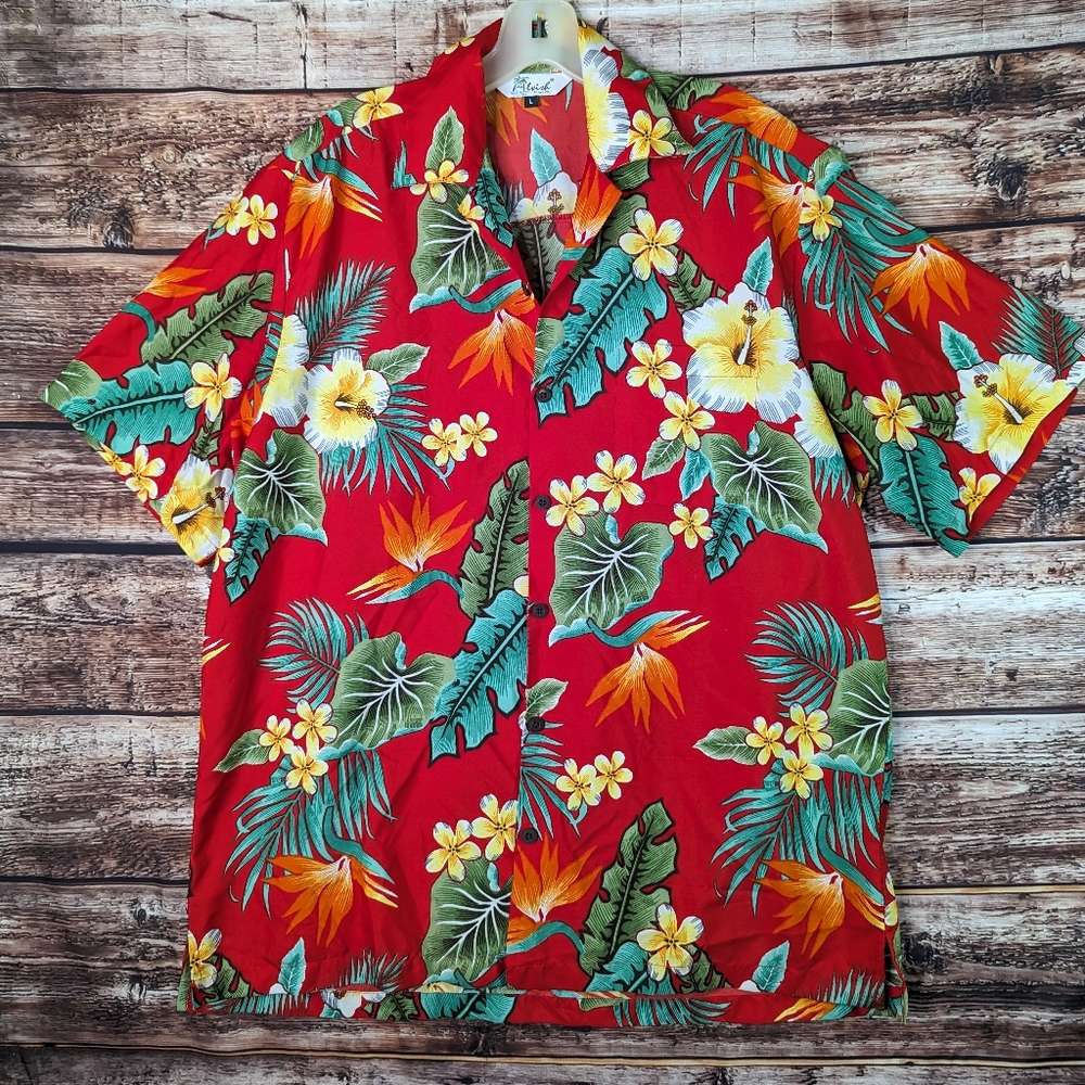 Vtg Hawaiian Shirt L Mens Red Plumera Hibiscus Lightweight Alvish Enjoy Life